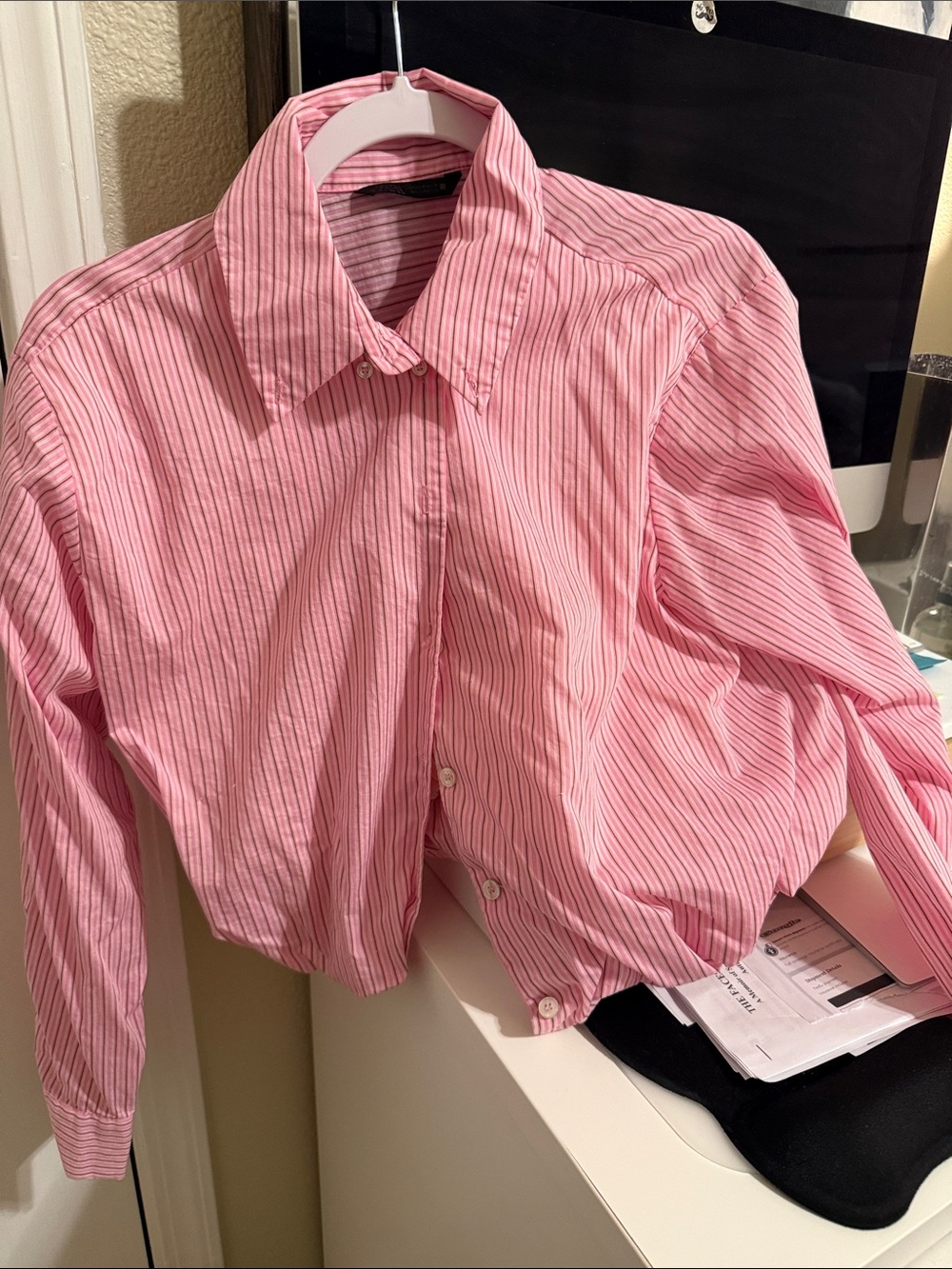 ZARA PINK STRIPED BALLOON POPLIN TOP SHIRT - Picture 3 of 8